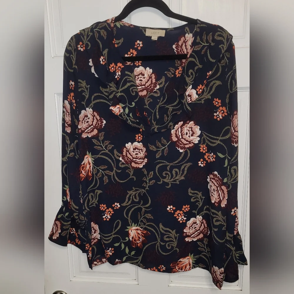 Loft Outlet V-Neck Flowy Ruffle Edged Navy Blue Floral Blouse- Size M